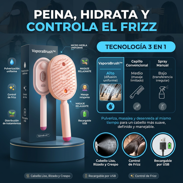 Cepillo Capilar 3 en 1: Desenreda, Masajea y Pulveriza