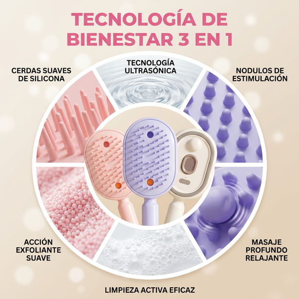 Cepillo Capilar 3 en 1: Desenreda, Masajea y Pulveriza