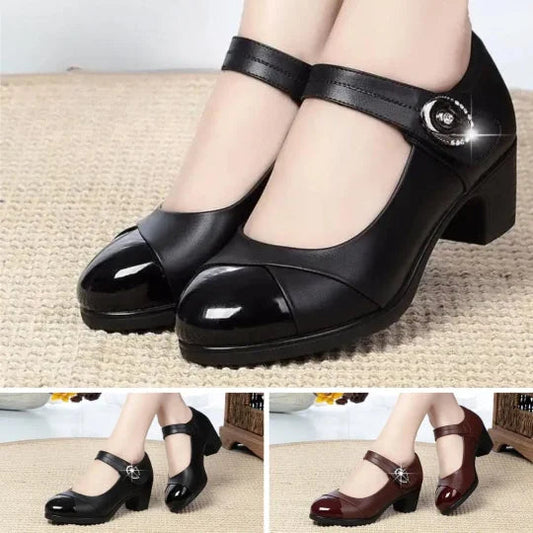 Zapatos ortopédicos de cuero con suela suave y botones de diamante para mujer 【Cómodos, antideslizantes】