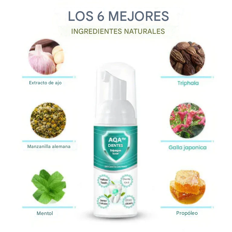 Enjuague bucal AQA™ NEW TEETH: soluciona todos los problemas bucales
