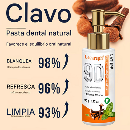 Pasta dental herbal con clavo y menta, sin flúor añadido, promueve un aliento fresco y favorece la salud del esmalte y las encías.
